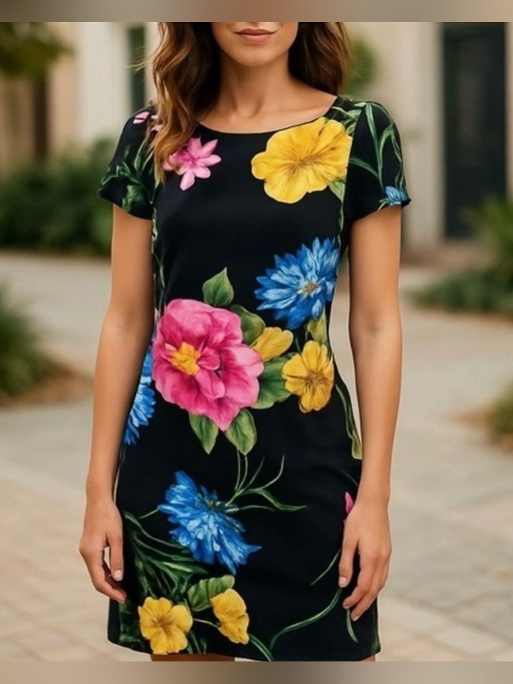 Karl Lagerfeld Black Midi Dress with Yellow, Blue & Pink Floral Print Size 4